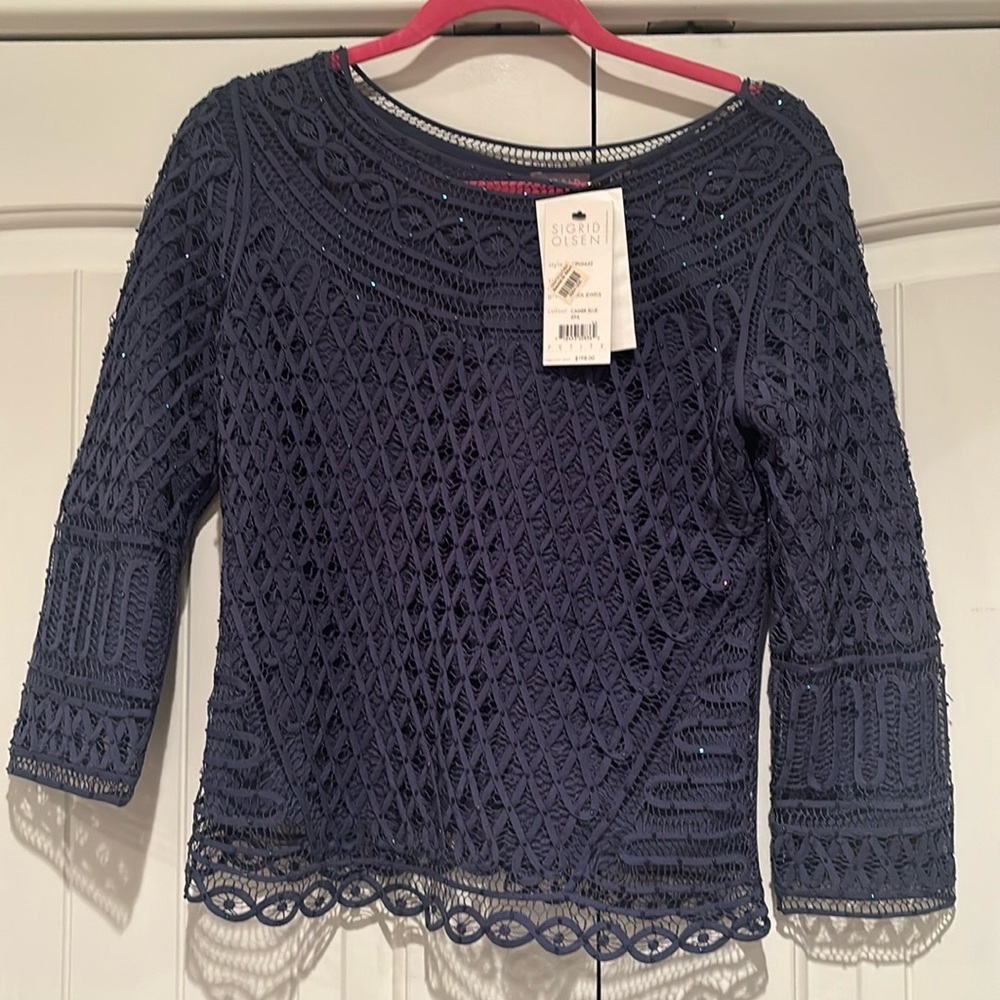 NWT Sigrid Olsen Navy Bejeweled Lacey Top Size PS